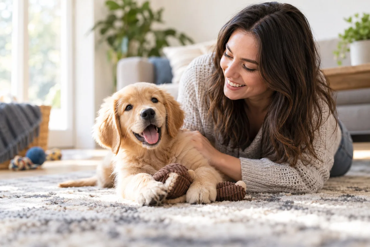 Owner sitting at a table beside a dog