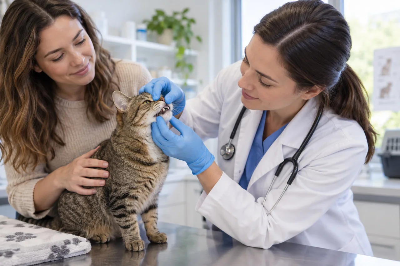 Veterinarian examining a cat’s mouth beside its owner